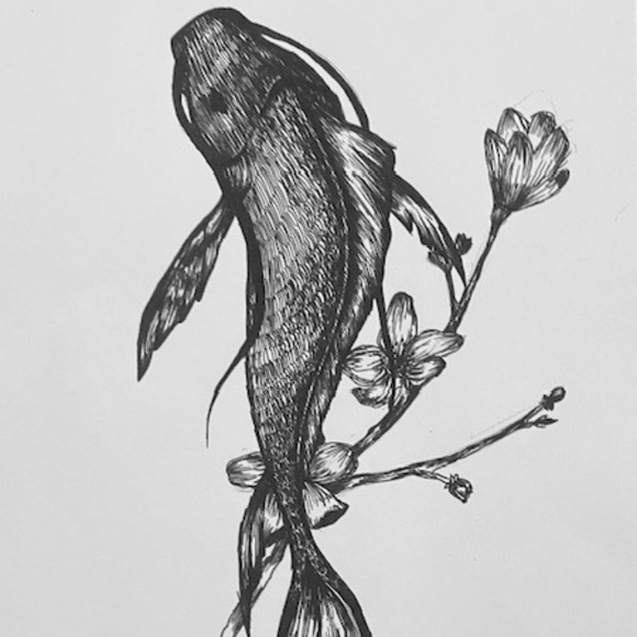 Fish and Cherry Blossom Tattoo Design - Picture 1 of 3